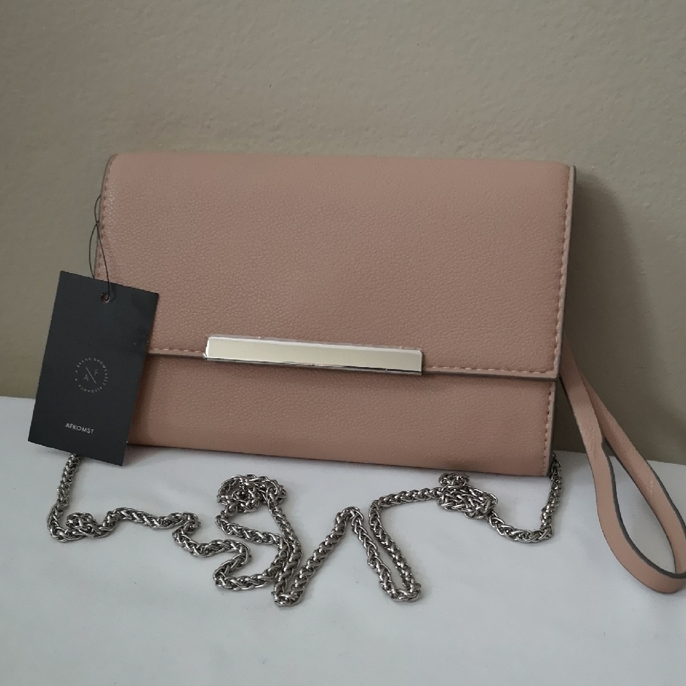 NWT Afkomst Elegant Nude Colour Leather Clutch, Wristlet And Crossbody Purse